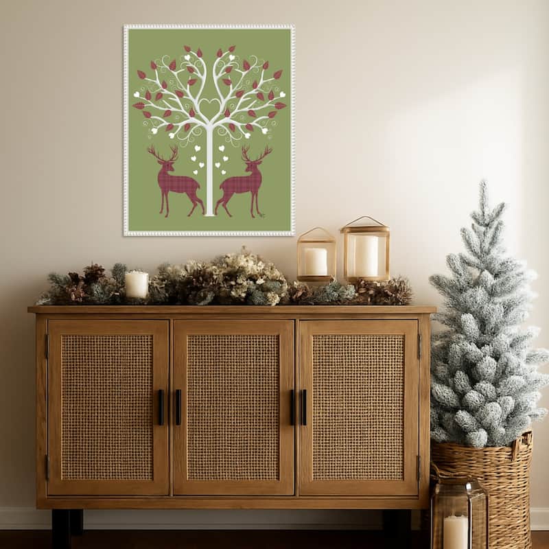 Christmas Des Deer and Heart Tree Pink On Green by Fab Funky (23 x 28 in.), Framed Canvas Wall Art Print - Sylvie Beaded White