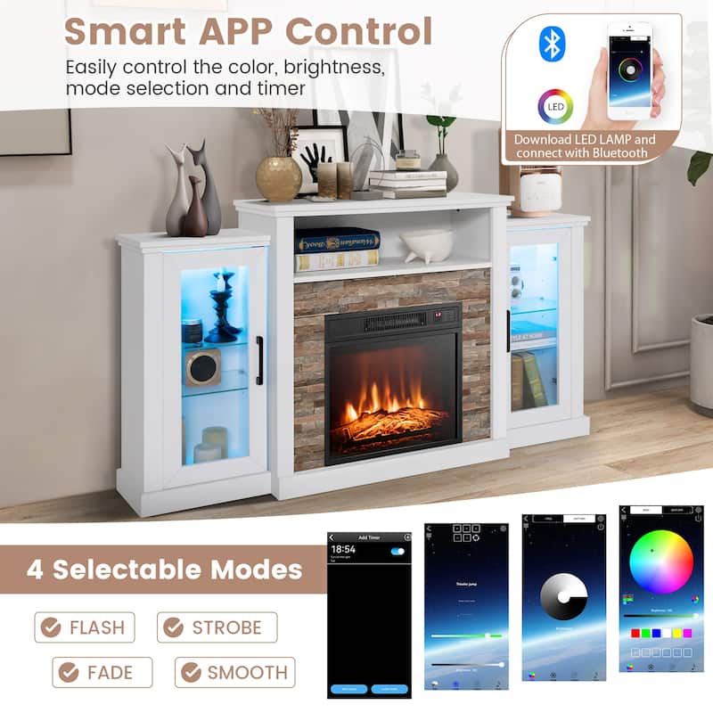 Electric Fireplace TV Stand with 16-Color LED Lights and Adjustable Glass Shelves for Living Room - 59" x 10" x 32.5"