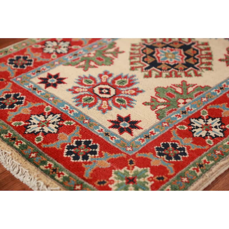 Geometric Kazak Oriental Accent Rug Hand-Knotted Beige Wool Carpet - 2'0" x 3'0"