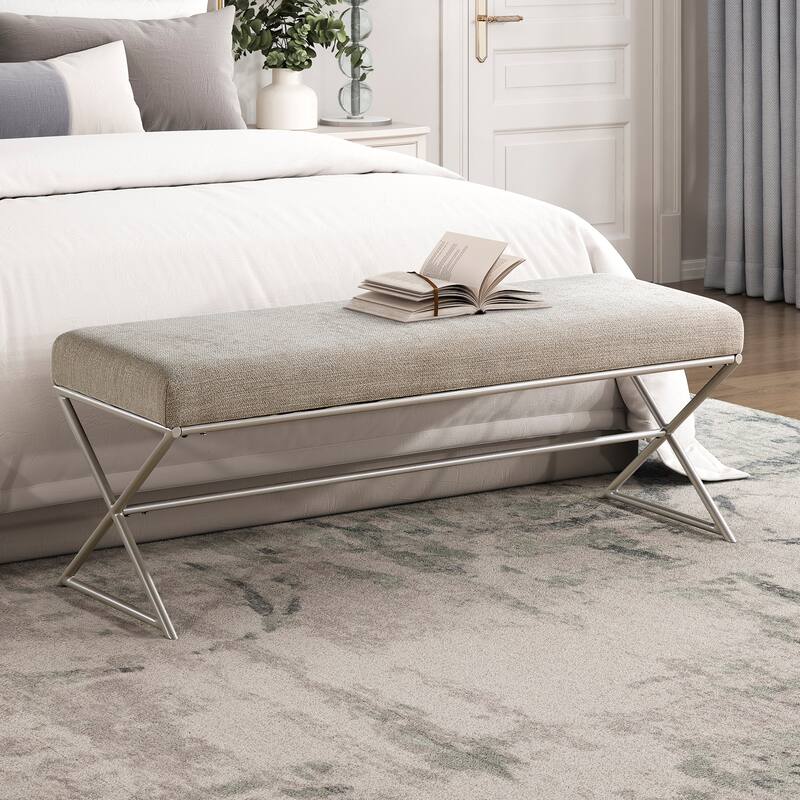 Catalina 48" Chenille Bench - Champagne Finish Iron Metal Frame