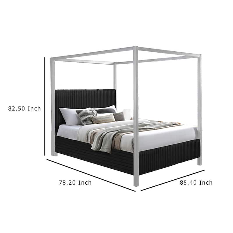 Keri King Size Canopy Bed, White Slatted Wood Frame, Black Upholstery