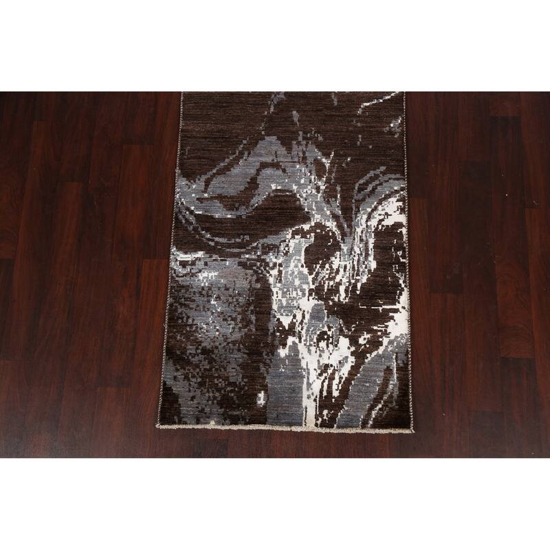 Wool/ Silk Modern Vegetable Dye Abstract Oriental Runner Rug Handmade - 3'0" x 12'3"