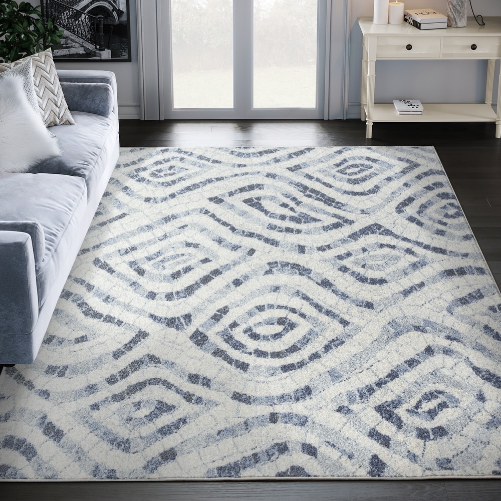 Abani Cruz Geometric Blue and Ivory Indoor Area Rug