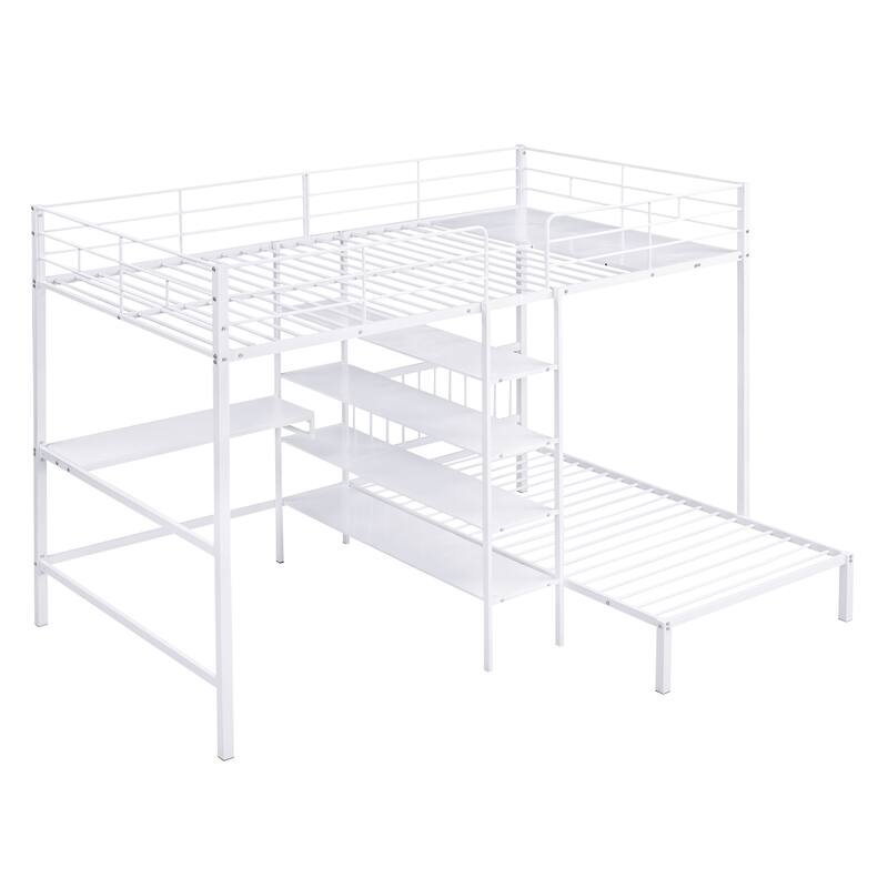 Full Over Twin Metal Bunk Bed with Built-in Desk and Ladder in White