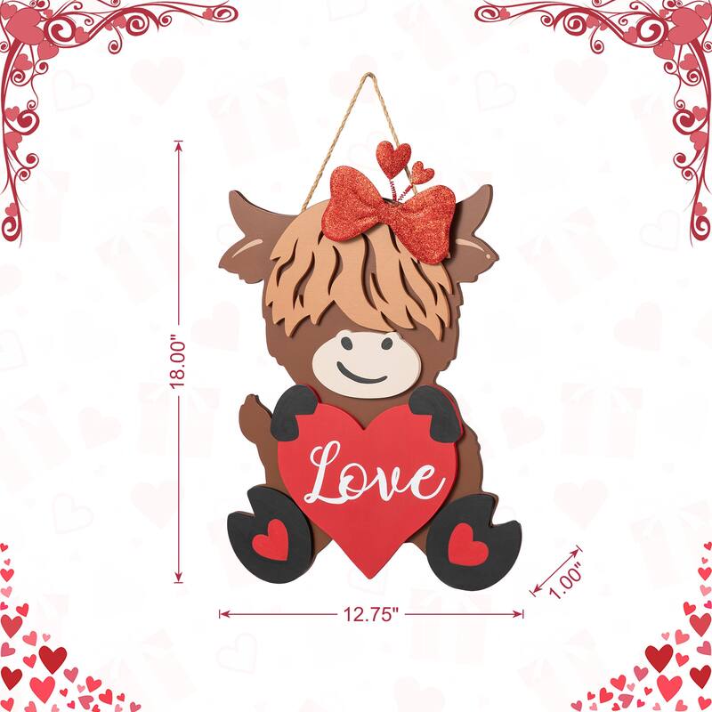 Glitzhome 18"H Valentine's Wooden Cow with Heart Door Hanger