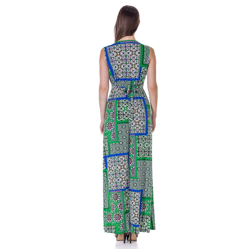 24seven Comfort Apparel Womens Green Scarf Print V Neck Empire Waist Sleeveless Maxi Dress