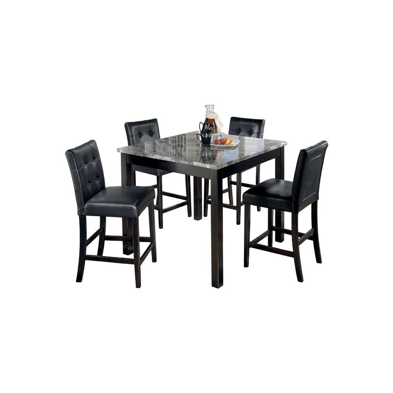 Jey 5pc Counter Height Dining Set, Faux Marble Table, Black Tufted Chairs