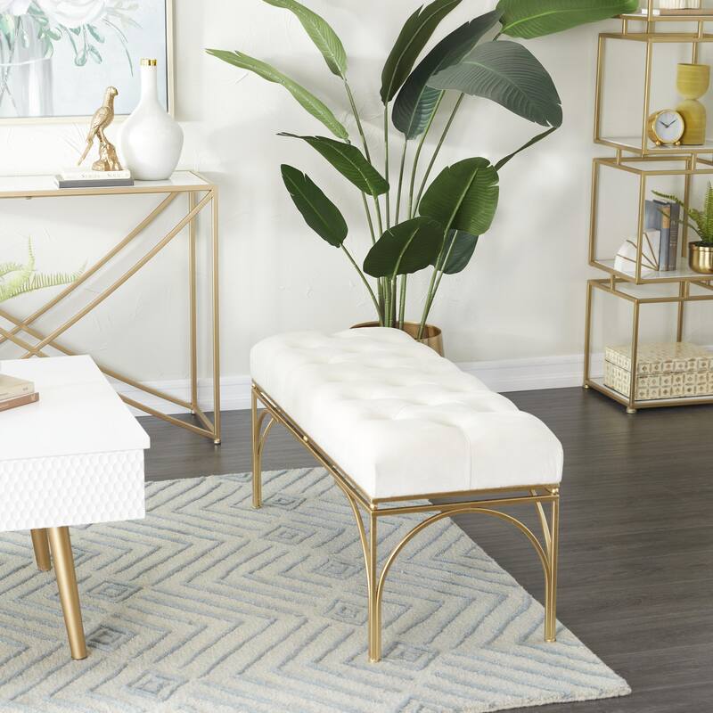 White, Black or Gray Velvet Tufted Home Bench with Gold Metal Legs - White - 39"W, 18"H
