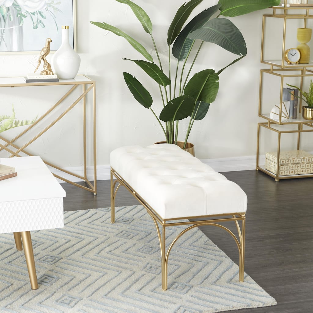 White, Black or Gray Velvet Tufted Home Bench with Gold Metal Legs