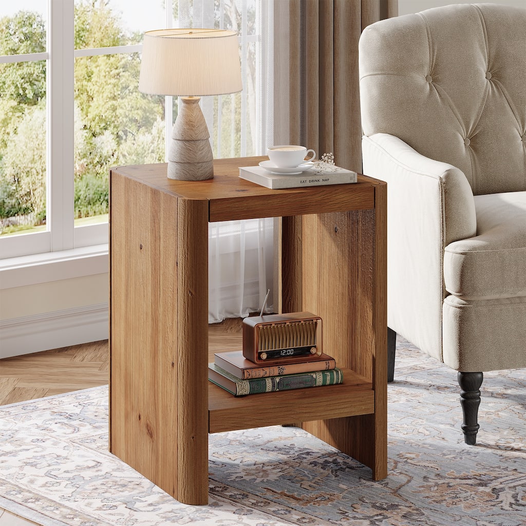 Solid Wood End Table, 2-Tier Small Side Table with Open Storage Shelf