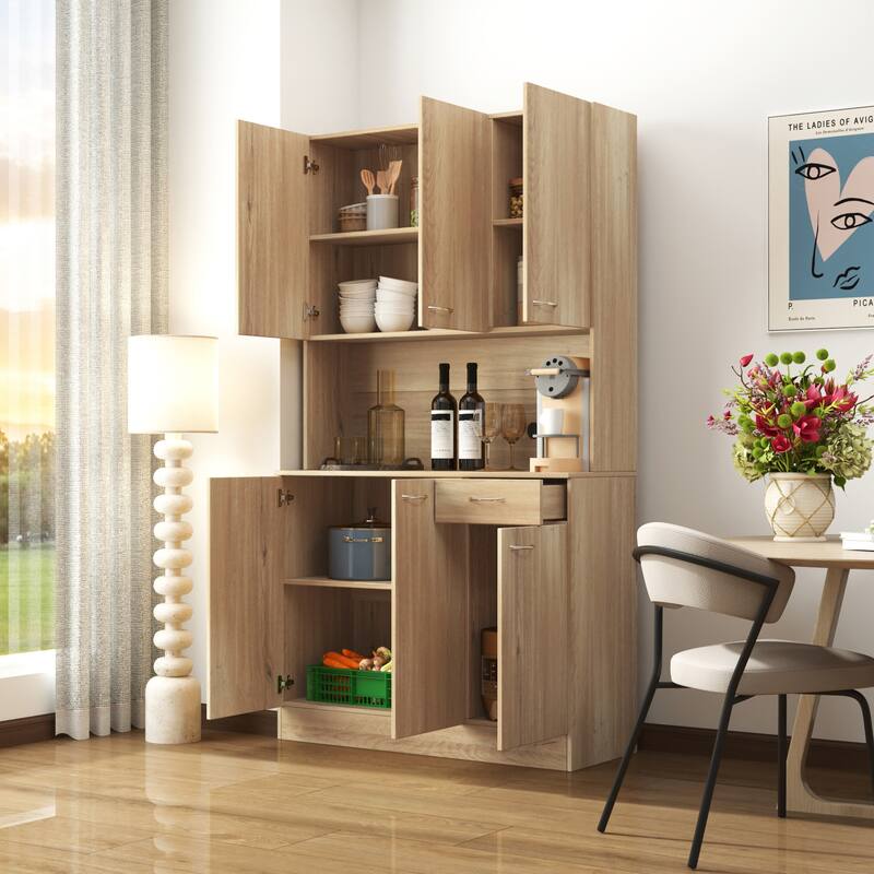 71" Kitchen Pantry Cabinet, Buffet Sideboard for Coffee Maker & Toaster, Wood Storage Cabinet for Kitchen, Dining Room - Oak