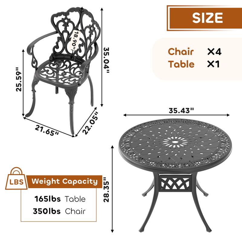 3/5-Piece Cast Aluminum Outdoor Dining Set with 35.43 in. Round Table and Random Color Cushions