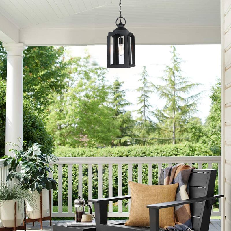 1-Light Matte Black Outdoor Pendant Light with Clear Glass Shade