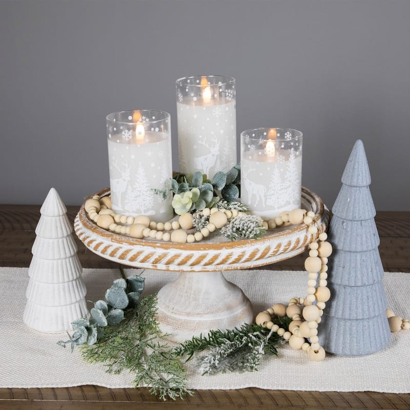 3 Snowy Woodland Flameless LED Flickering Christmas Pillar Candles 6"