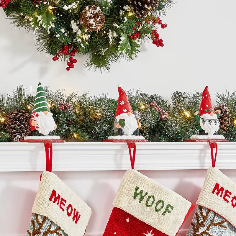 Glitzhome Resin Santa Snowman Penguin Gnomes with JOY Christmas Stocking Holders Mantel Ornament(Set of 3)
