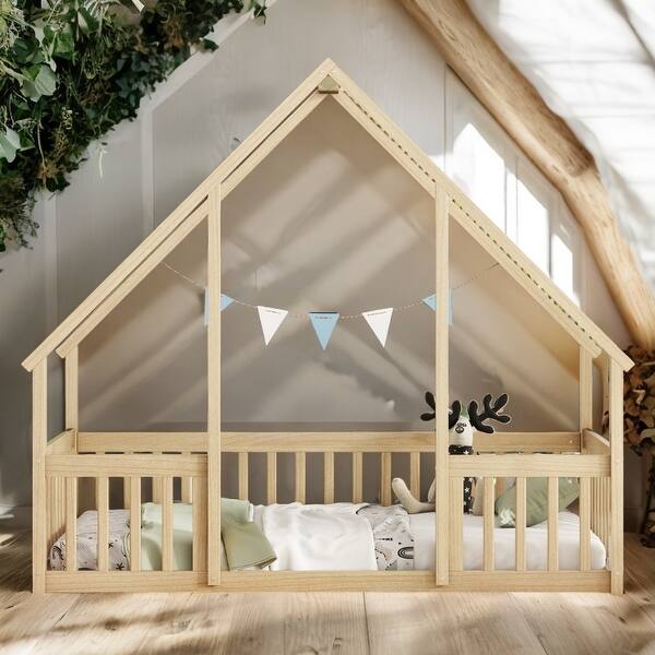 slide 2 of 54, Wood House-Shaped Twin Floor House Bed with Fence,Guardrails,Kids and Baby Natural