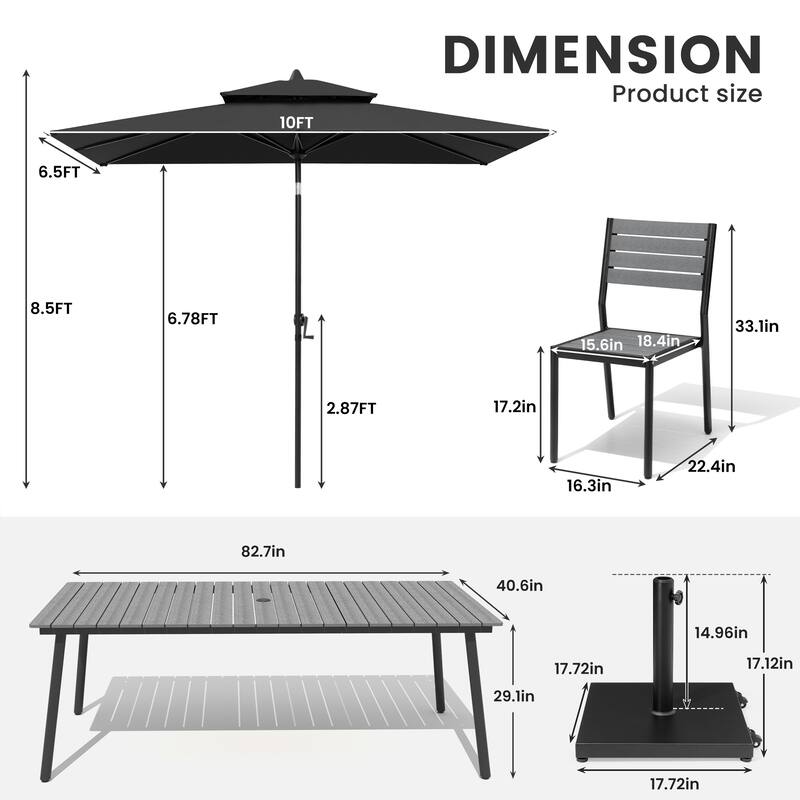 11-Piece Outdoor Dining Set Aluminum Table and 8 Stackable Chairs w/ 10 ft Umbrella and Base Stand