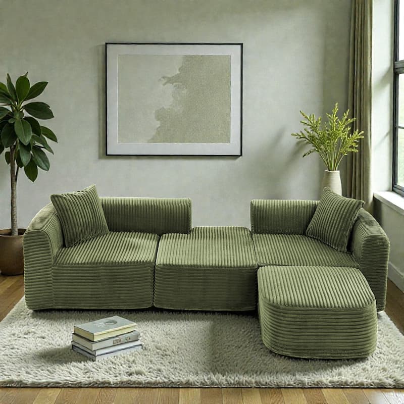 114" Cloud Sectional Couch with L Shape Chaise, Modular Corduroy Sofa with Movable Ottoman, No Assembly - Green