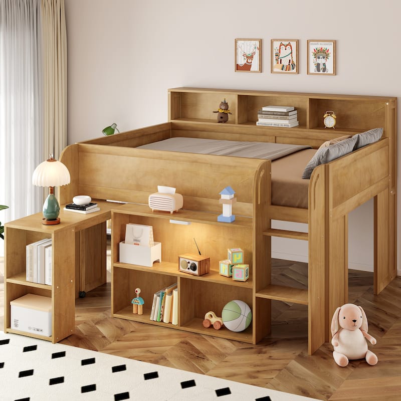 Full Size Wood Kids Loft Bed Frame with Pull-out Desk, Multiple Storage Bookshelf Built-in LED