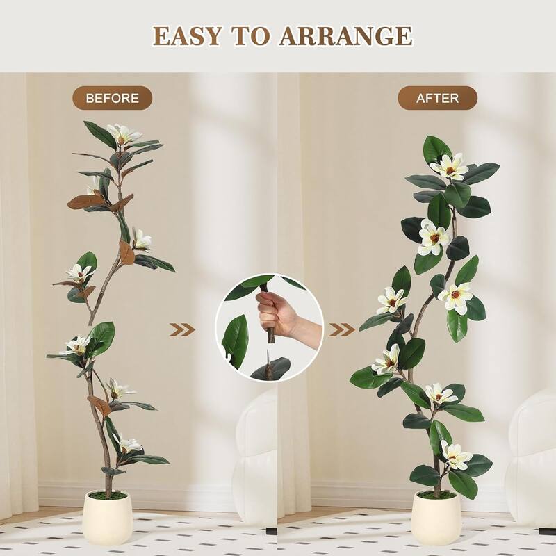 Artificial Faux Rubber Tree with Magnolia Flowers for Home Decor