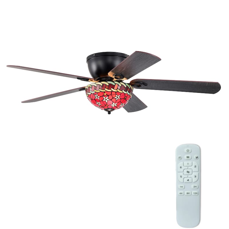 Chergo 52-Inch Flushmount Lighted Ceiling Fan Red Flower Tiffany Glass Lamp Black Finish - Red
