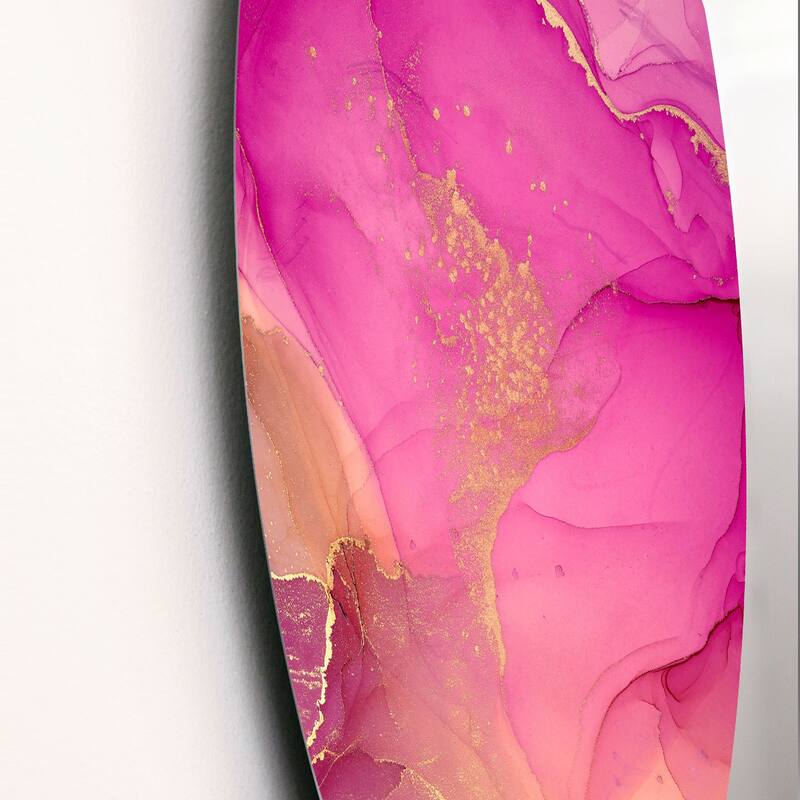 Designart 'Pink And Gold Ink Clouds' Modern Metal Circle Wall Art Bed