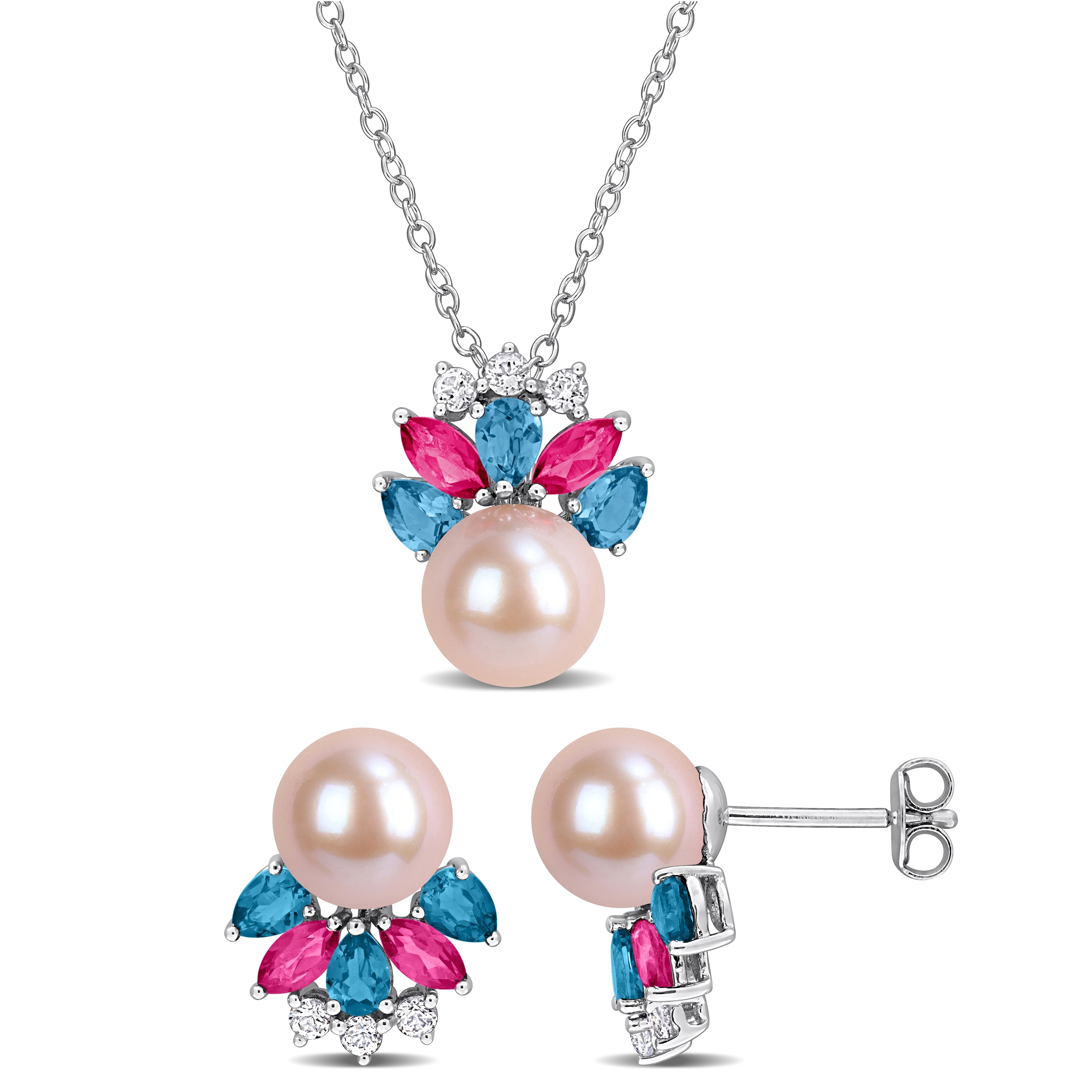 Miadora Sterling Silver Gemstone and Cultured Freshwater Pearl Necklace and Earrings Set