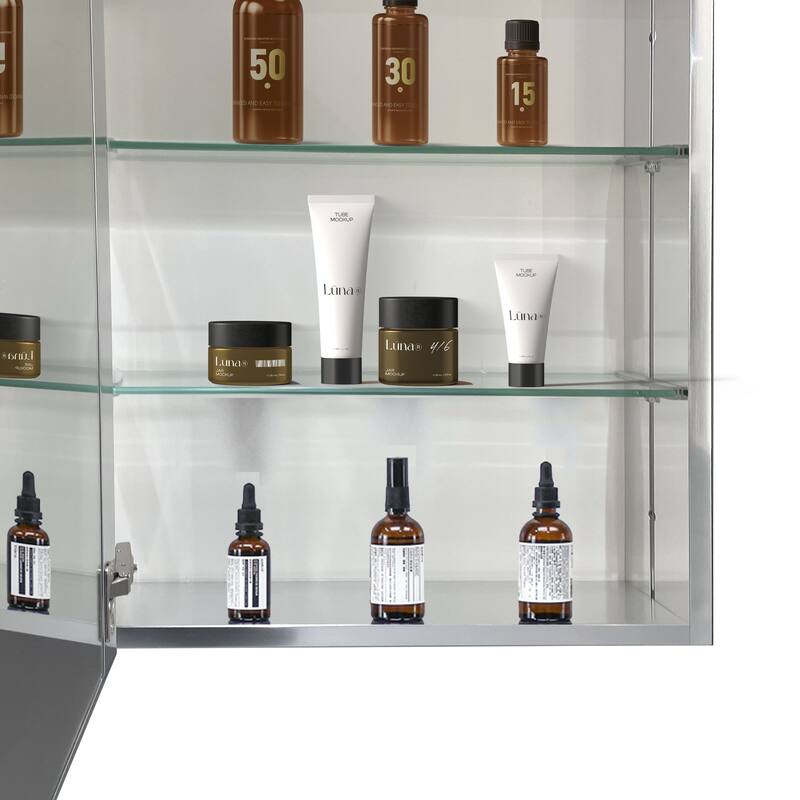 Bathroom Medicine Cabinet with Invisible Handle, Soft-Closing Hinge, Adjustable Glass Shelves
