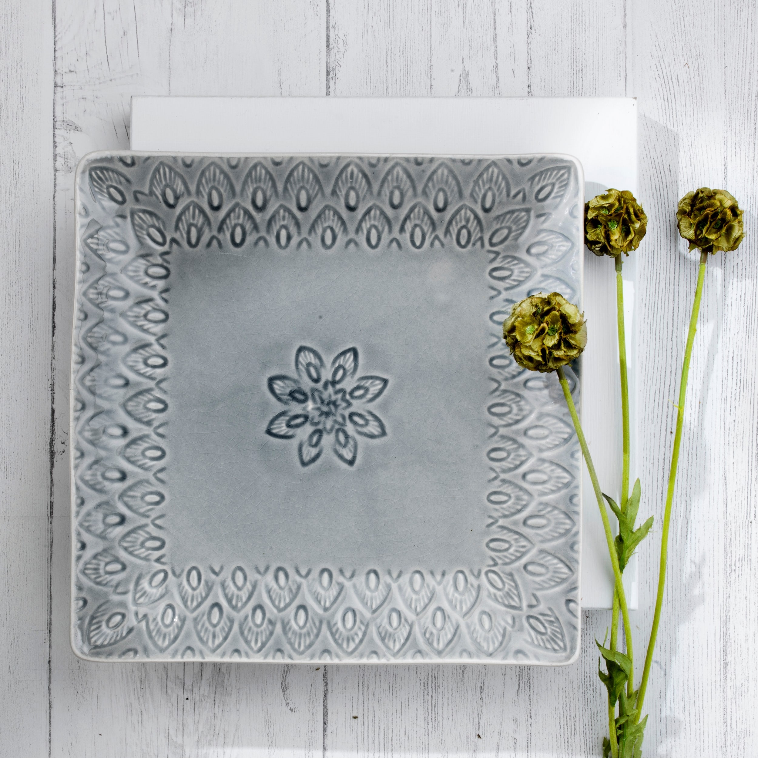 Euro Ceramica Peacock 11.5" Square Serving Platter in Grey - 11.4 in. x 11.4 in. x 1.2 in.