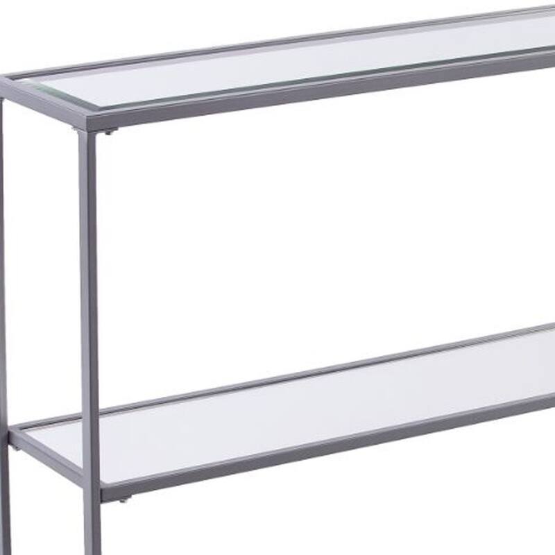Clear Glass Mirrored Sled Console Table with Black Metal Base - 52” L x 12” W x 29” H