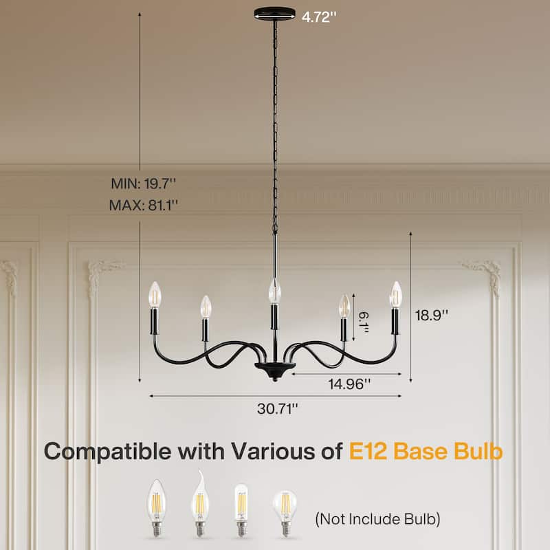 Black Metal Candle Chandelier/ Pendant Light with Adjustable Height