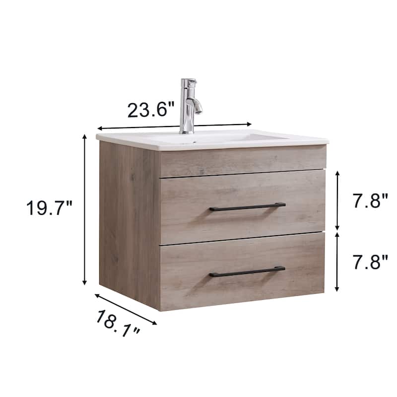 GDFStudio - 24-Inch Wood Grain Wall-Mounted Bathroom Vanity with Double Drawers, Ceramic Sink, and Aluminum Frame