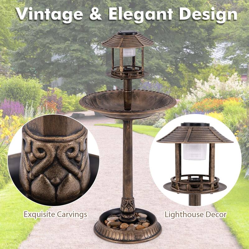 Costway 3-In-1 Pedestal Bird Bath with Solar Light with Bird Feeder & - See Details