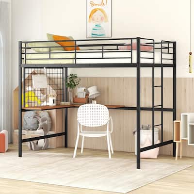 Black Full Size Metal Loft Bed with Desk, Ladder, and Metal Grid for Kids