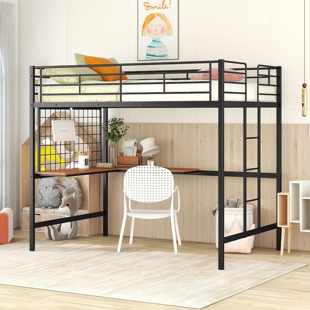 Black Full Size Metal Loft Bed with Desk, Ladder, and Metal Grid for Kids