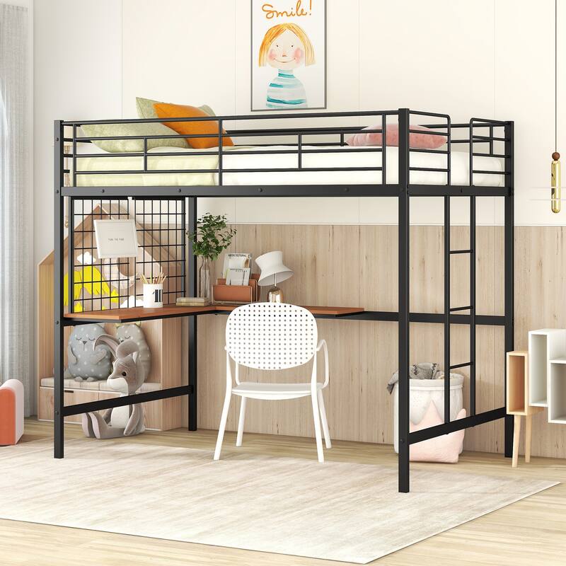 Black Full Size Metal Loft Bed with Desk and Storage Grid - Black