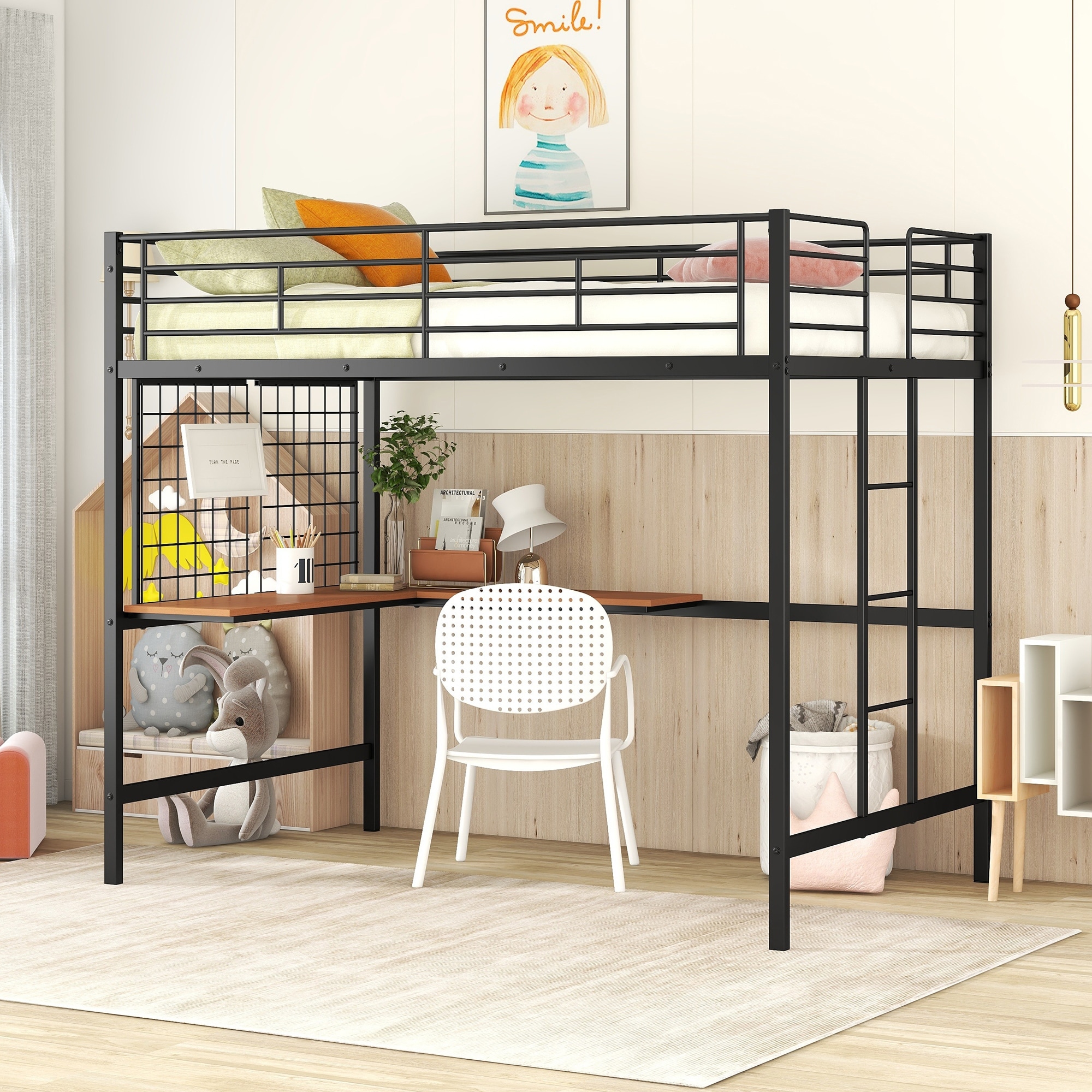 Full Metal Loft Bed with Desk Guardrail and Metal Grid On Sale