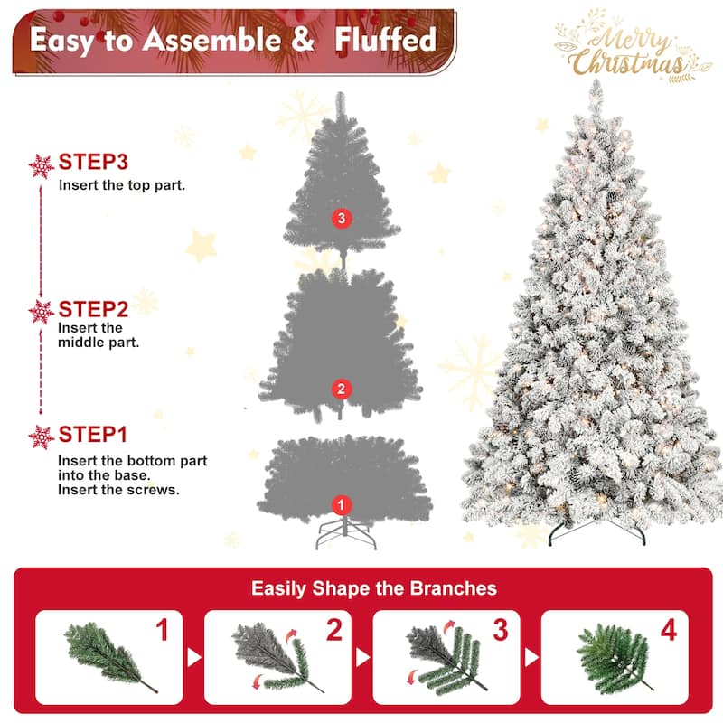 Pre-Lit Snow Flocked Tree - UL Lights, Pine Cones, Snowy PVC Tips, Hinged Structure - Green,White