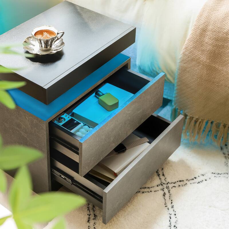 GDF Studio - Avalon Modern LED Nightstand with Dual Drawers and Open Storage Shelf