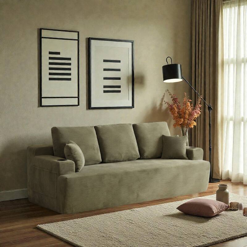 87 Inch 3 Seater Sofa Couch, Deep Seat Corduroy Living Room Sofa with Cup Holders and Side Pockets - Green