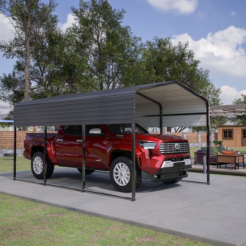 GDFStudio - Oliver Heavy Duty Outdoor Metal Carport with Waterproof Tarpaulin and Reinforced Base - Black - 10x15