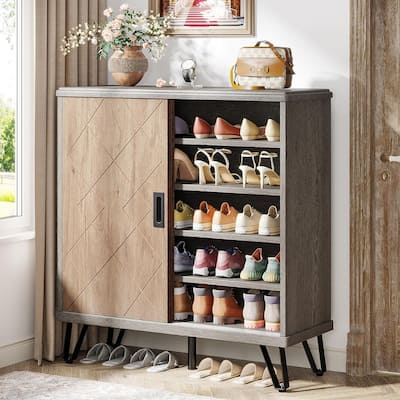 5-tier Wood Entryway Shoe Organizer Cabinet with Sliding Doors