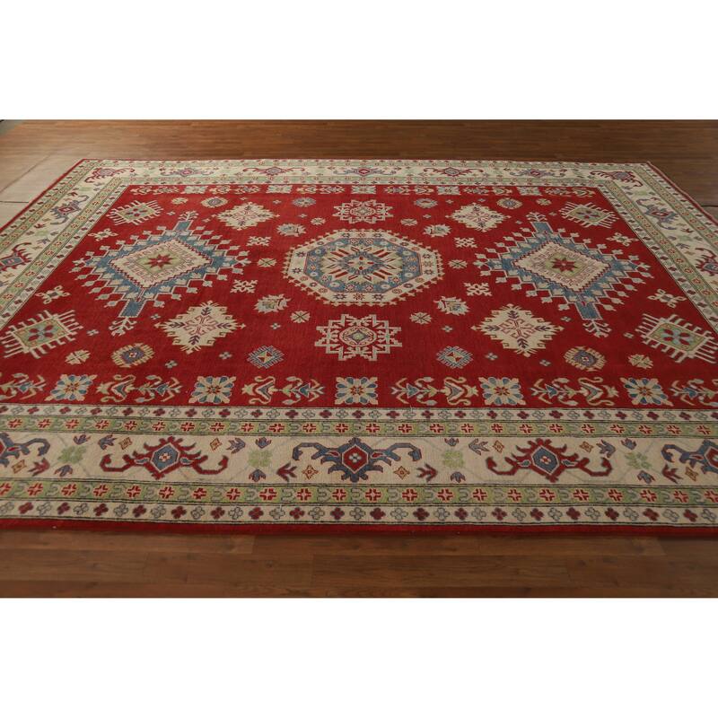 Hand Knotted Oriental 100% Wool Carpet Traditional Geometric Red Kazak Area Rug - 11' 8'' X 9' 0''