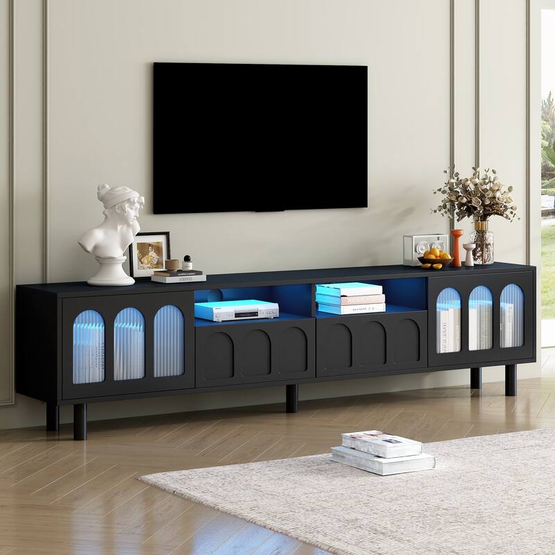 LED TV Stand for Living Room, Entertainment Center for TVs Up to 80" with Wood Legs, Storage Media Console with 2 Drawers - Black