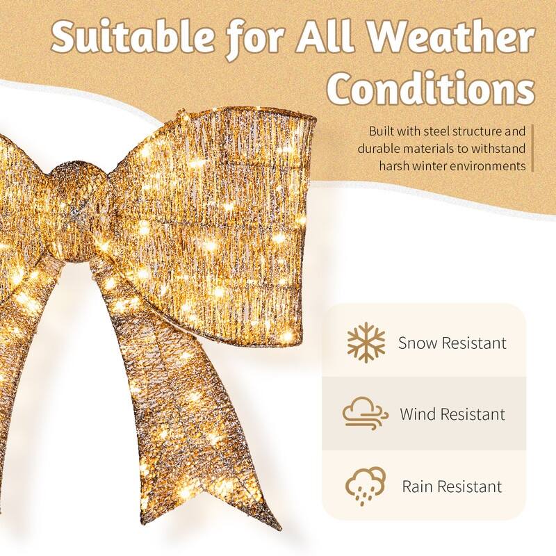 Pre-lit Outdoor Giant Bowknot Christmas Decoration with 124 Warm White LED Lights for Front Door Gate Wall