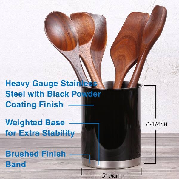 Heavy Gauge Black 5 in. Dia. x 6-1/4 in. H Small Stainless Steel Tool Crock Utensil Flatware Holder Heavy Gauge Black 5 in. Dia. x 6-1/4 in. H Small Stainless Steel Tool Crock Utensil Flatware Holder