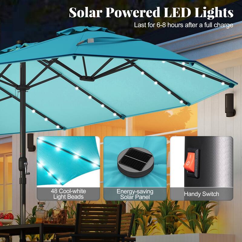 15FT Double Sided Patio Umbrella with LED Lights and Hand Crank Canopy