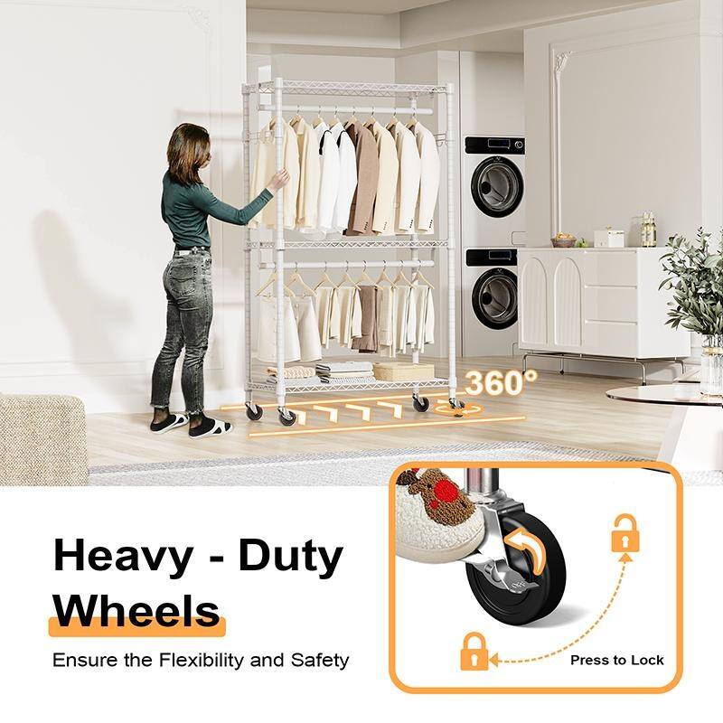 Anmytek Heavy Duty Rolling Clothing Rack with Shelves and Wheels White Garment Storage Organizer