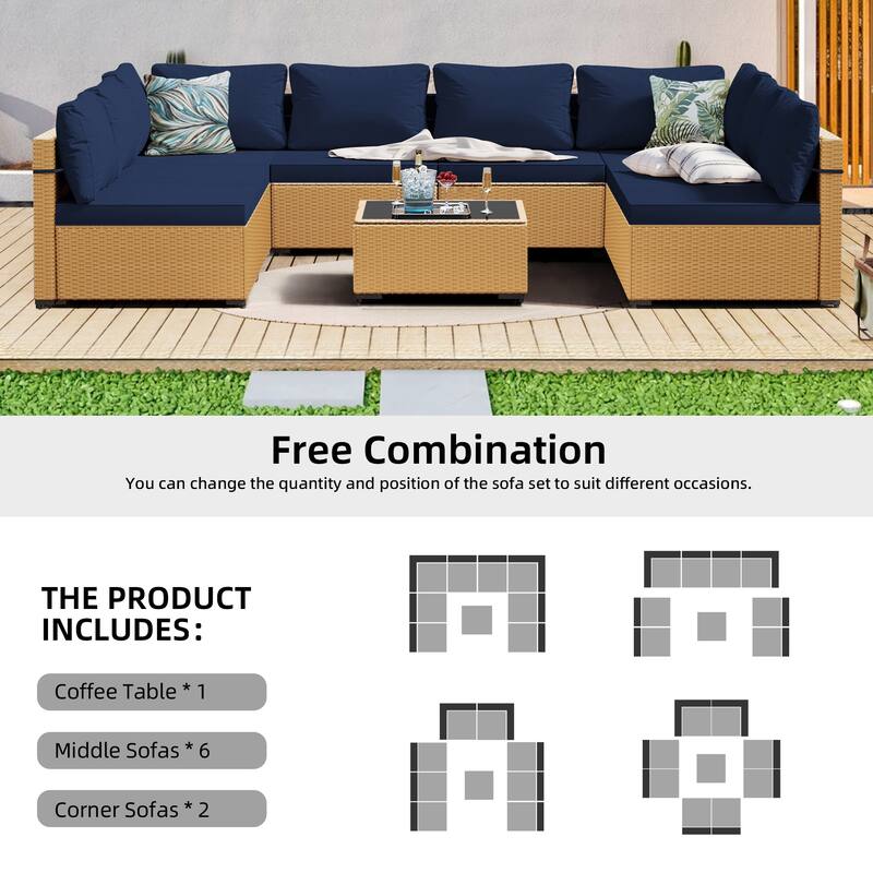 Patio Watcher Patio Conversation Set 9-Piece Yellow Wicker Sectional Seating Group with Cusions