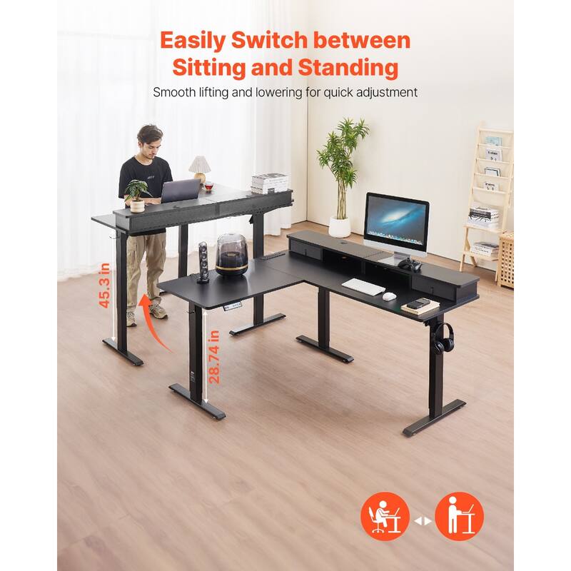 Black Particle Board Carbon Steel Electric L-Shaped Standing Desk with LED and Storage